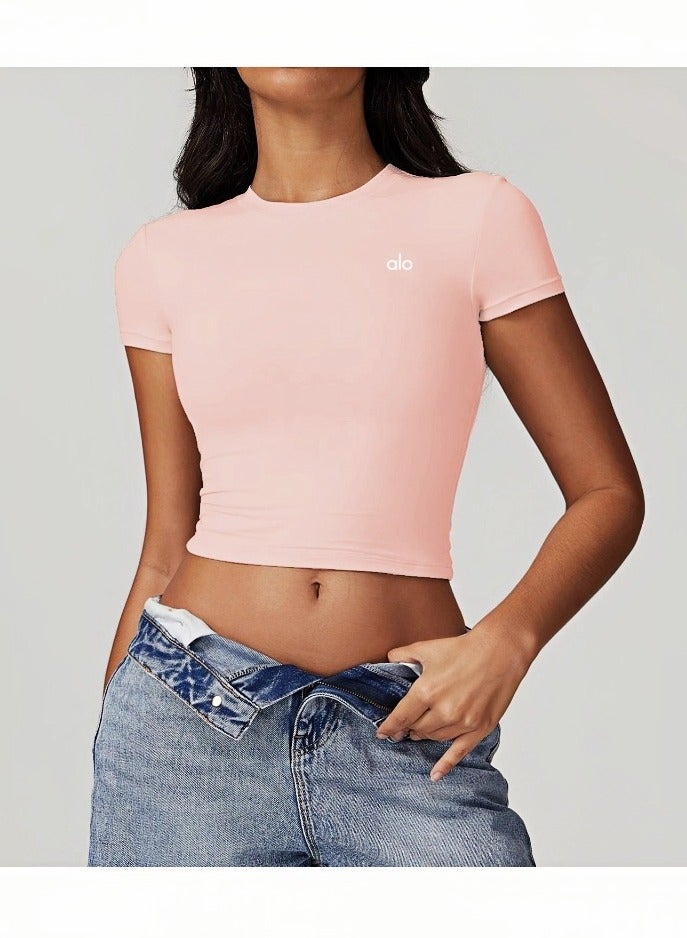 alo ALO Lady Sports Short Sleeve - Pilates Training Short Sleeves - Women's Yoga Wear - Quick Dry T-Shirts (Light Pink)