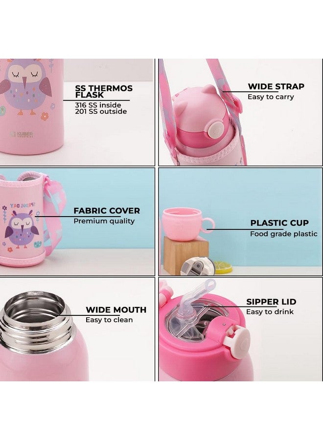 Kuber Industries Water Bottle for Kids | Owl Design Stainless Steel Flask with Straw, Cup & Fabric Cover | Food Grade Plastic Lid | Broad Fabric Strap | Leak Proof, BPA Free | 500 ml (Pack of 2) - Image 3