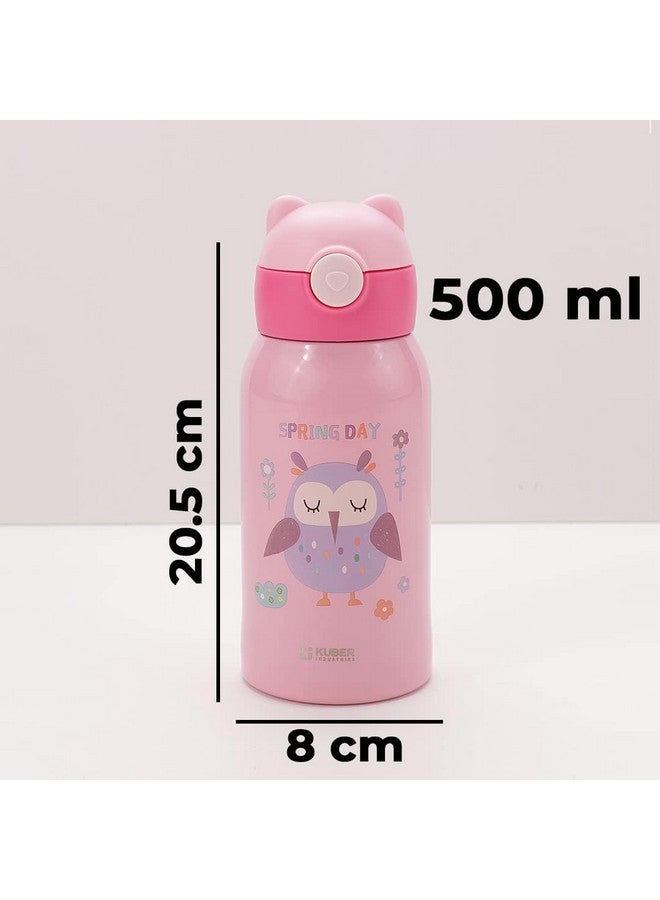 Kuber Industries Water Bottle for Kids | Owl Design Stainless Steel Flask with Straw, Cup & Fabric Cover | Food Grade Plastic Lid | Broad Fabric Strap | Leak Proof, BPA Free | 500 ml (Pack of 2) - Image 2