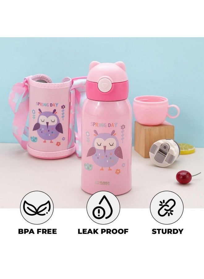 Kuber Industries Water Bottle for Kids | Owl Design Stainless Steel Flask with Straw, Cup & Fabric Cover | Food Grade Plastic Lid | Broad Fabric Strap | Leak Proof, BPA Free | 500 ml (Pack of 2) - Image 4