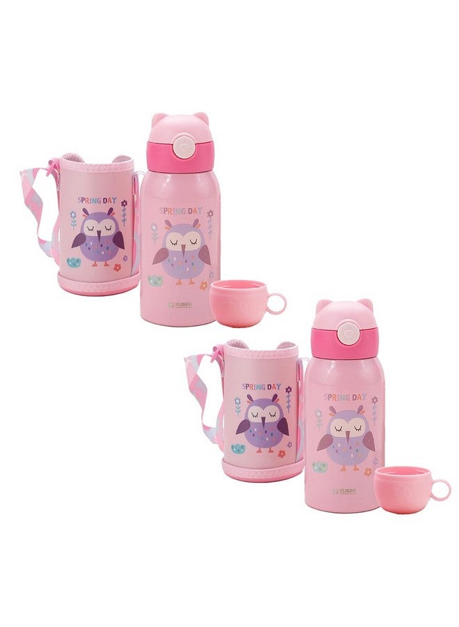 Kuber Industries Water Bottle for Kids | Owl Design Stainless Steel Flask with Straw, Cup & Fabric Cover | Food Grade Plastic Lid | Broad Fabric Strap | Leak Proof, BPA Free | 500 ml (Pack of 2) - Image 1