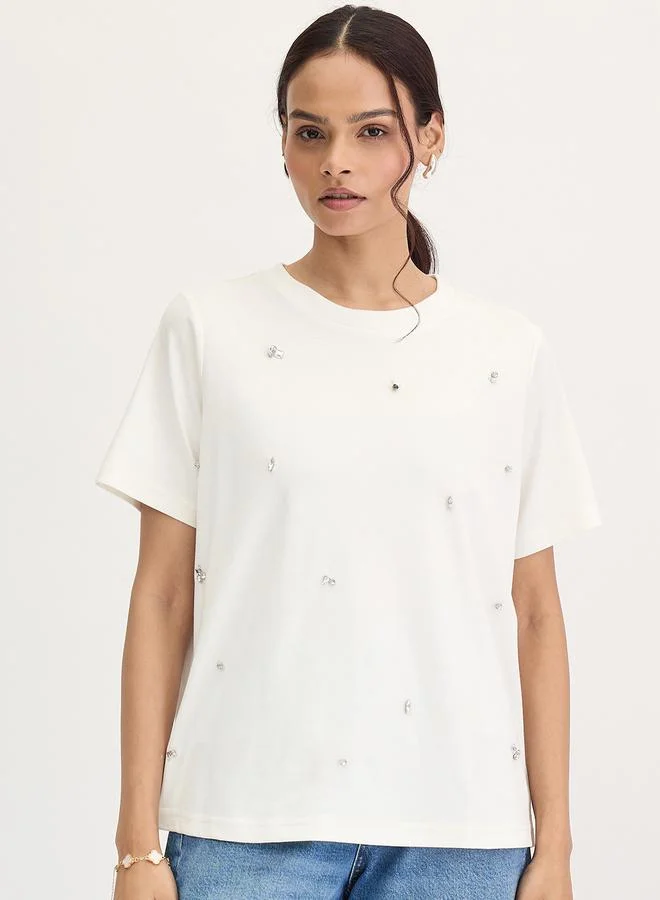 Femmella White Rhinestone Embellished Short Sleeve T-Shirt