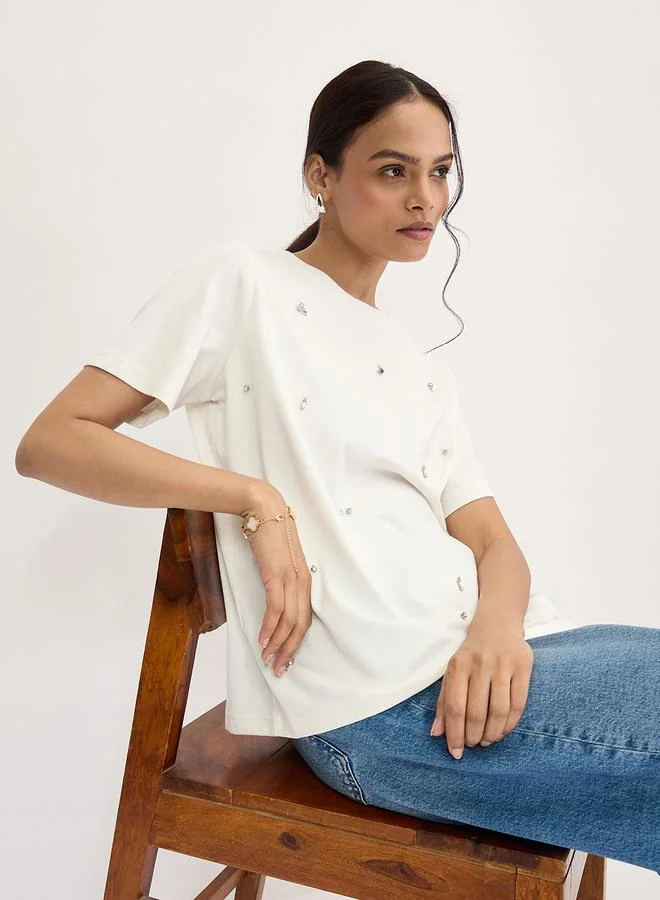 Femmella  White Rhinestone Embellished Short Sleeve T-Shirt for Women | Best Price UAE