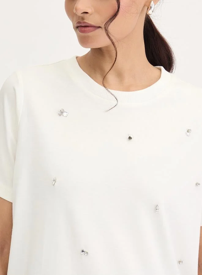 Femmella  White Rhinestone Embellished Short Sleeve T-Shirt for Women | Best Price UAE