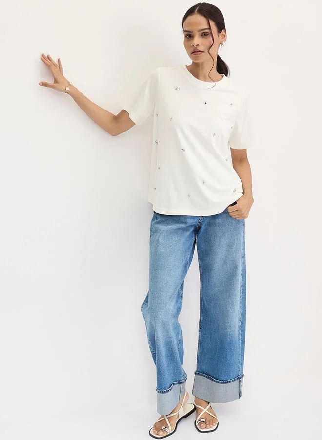 Femmella  White Rhinestone Embellished Short Sleeve T-Shirt for Women | Best Price UAE