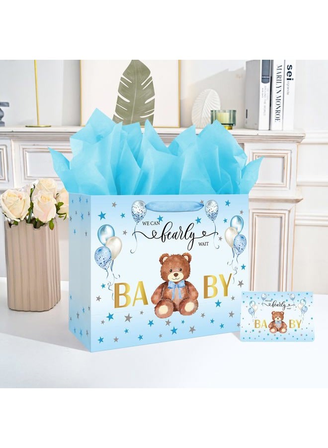 Laidans 13" Large Baby Shower Birthday Gift Bag for Boy with Tissue Papers and Card Blue Balloons Bear Design with Handles (Blue) - Image 5