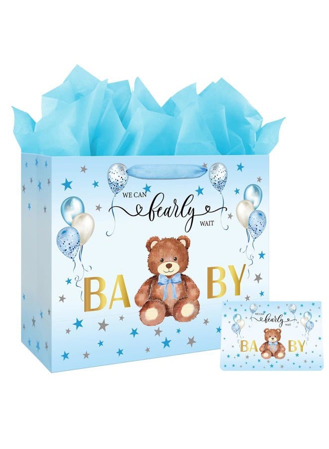 Laidans 13" Large Baby Shower Birthday Gift Bag for Boy with Tissue Papers and Card Blue Balloons Bear Design with Handles (Blue) - Image 1