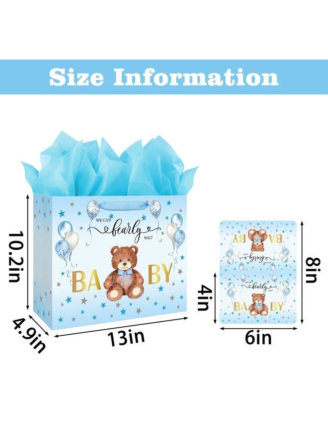Laidans 13" Large Baby Shower Birthday Gift Bag for Boy with Tissue Papers and Card Blue Balloons Bear Design with Handles (Blue) - Image 2