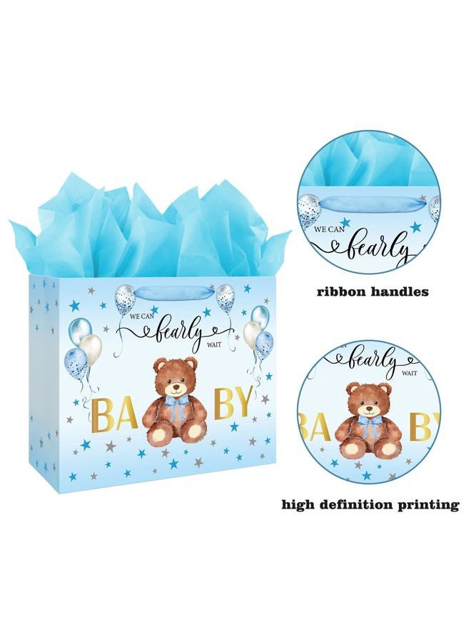 Laidans 13" Large Baby Shower Birthday Gift Bag for Boy with Tissue Papers and Card Blue Balloons Bear Design with Handles (Blue) - Image 3