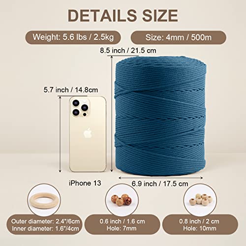 ZUEXT Macrame Cotton Cord 4mm x 547yds, ZUEXT Natural Handmade Peacock Blue Braided Cords 4 Strands Knitted Rope String for Craft Wall Hanging Weaving Tapestry Dream Catchers Hanger DIY Gift (500m) - Image 2