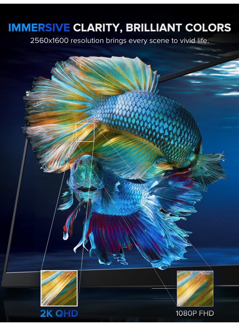 أوبيرفكت شاشة محمولة UPERFECT مقاس 18 بوصة 144 هرتز 2560*1600P 2K QHD IPS 10 نقاط شاشة USB C وميناء Mini HDMI مع حامل مدمج شاشة ثانية للكمبيوتر المحمول/الهاتف/جهاز الألعاب، قابلة للتركيب على VESA - Image 3