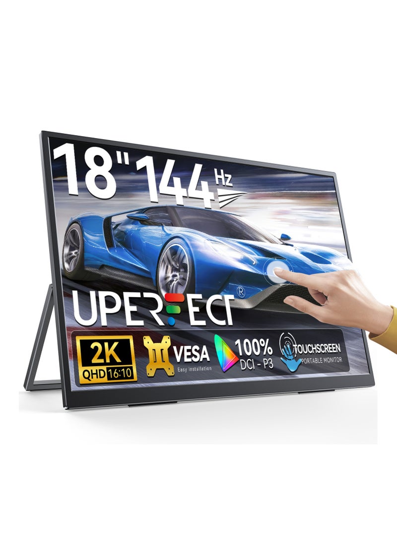 أوبيرفكت شاشة محمولة UPERFECT مقاس 18 بوصة 144 هرتز 2560*1600P 2K QHD IPS 10 نقاط شاشة USB C وميناء Mini HDMI مع حامل مدمج شاشة ثانية للكمبيوتر المحمول/الهاتف/جهاز الألعاب، قابلة للتركيب على VESA - Image 1