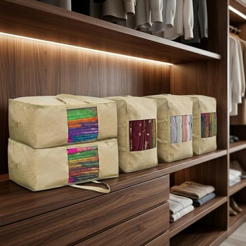 Gowloz Large Cotton Saree Storage Bags Pack of 2 (42 x 16.5 x 34 cm) – Breathable Clothes Organizer with Mesh Window & Zipper | Wardrobe Storage Bags for Sarees, Blankets, Bedding, Dresses & Garments - Image 4