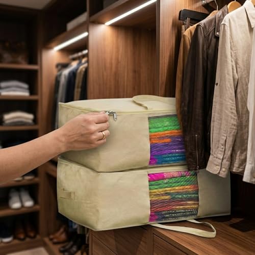Gowloz Large Cotton Saree Storage Bags Pack of 2 (42 x 16.5 x 34 cm) – Breathable Clothes Organizer with Mesh Window & Zipper | Wardrobe Storage Bags for Sarees, Blankets, Bedding, Dresses & Garments - Image 5