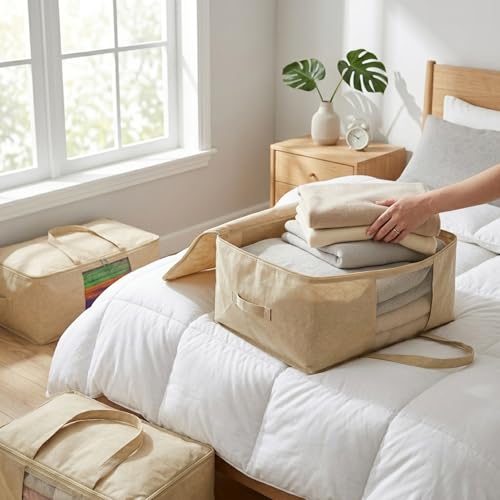 Gowloz Large Cotton Saree Storage Bags Pack of 2 (42 x 16.5 x 34 cm) – Breathable Clothes Organizer with Mesh Window & Zipper | Wardrobe Storage Bags for Sarees, Blankets, Bedding, Dresses & Garments - Image 2