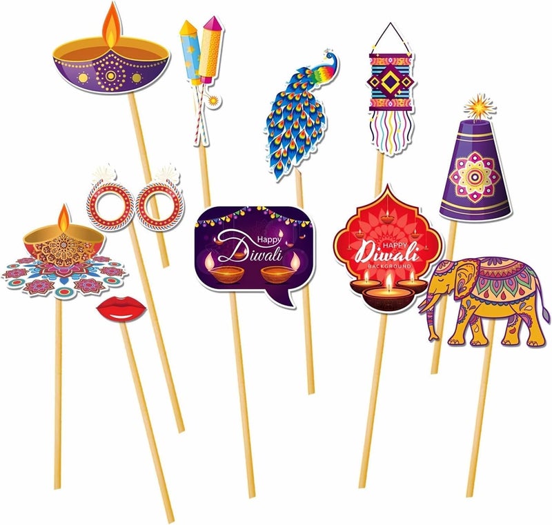 ARS 26Pcs Happy Diwali Photo Booth Props Kit - Diwali Party Selfie Props with Photo Frame - Image 4