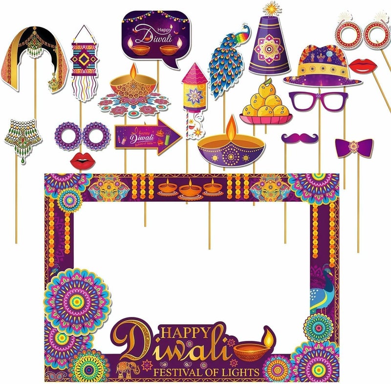 ARS 26Pcs Happy Diwali Photo Booth Props Kit - Diwali Party Selfie Props with Photo Frame - Image 1