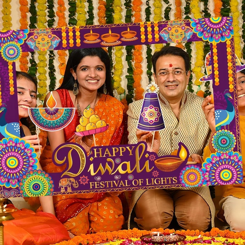 ARS 26Pcs Happy Diwali Photo Booth Props Kit - Diwali Party Selfie Props with Photo Frame - Image 2