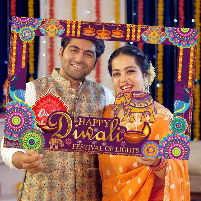 ARS 26Pcs Happy Diwali Photo Booth Props Kit - Diwali Party Selfie Props with Photo Frame - Image 5