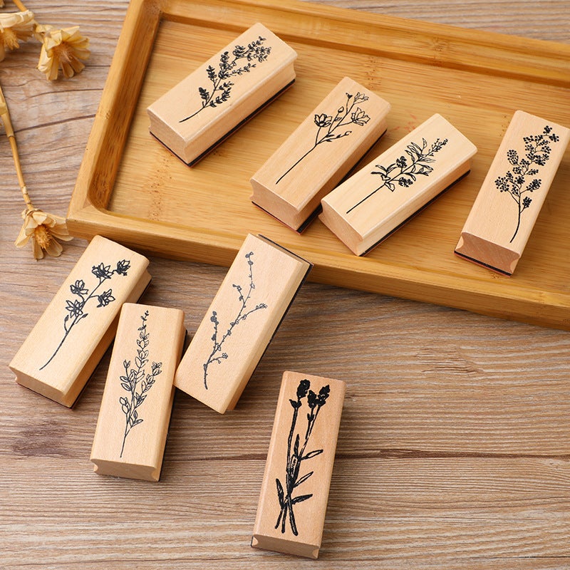 Exquisite Wooden Flowers And Plants Set Seal Creative Fresh Plant Hand Account Diy Diary Album Decorative Seal 8 Selection - Image 2