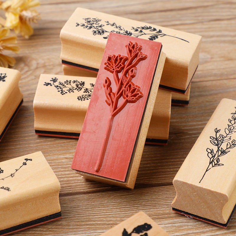 Exquisite Wooden Flowers And Plants Set Seal Creative Fresh Plant Hand Account Diy Diary Album Decorative Seal 8 Selection - Image 3