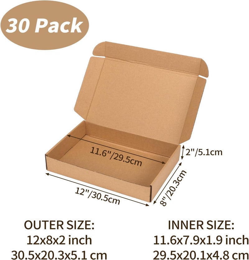 مجموعة صناديق شحن مقاس 12x8x2 بوصة من 30 قطعة، بنية، مقاس داخلي 11.6x7.6x1.6 بوصة، صناديق بريد كرتونية للتغليف للأعمال الصغيرة أو تغليف الهدايا - Image 2