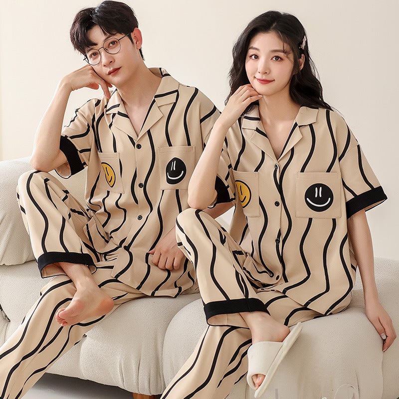 [100% Cotton] Summer Couple Pajamas Women'S Short-Sleeved Pants Suit Men'S Plus Size Summer Thin Home Clothes - Image 1