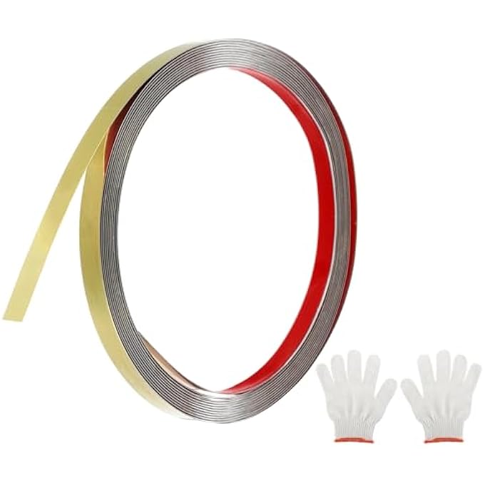 16.4FT X 0.39" WALL TRIM MOLDING TRIM, PEEL AND STICK SELF ADHESIVE STAINLESS STEEL MIRROR FINISH METAL STRIP TRIM WITH GLOVE FOR WALL CEILING, FLOOR, CABINET, TILE EDGE, GOLD - Image 2