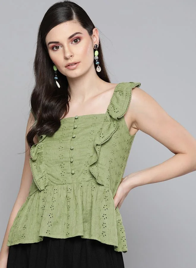 SASSAFRAS Schiffli Button Detail Ruffle Sleeves Peplum Top by Styli