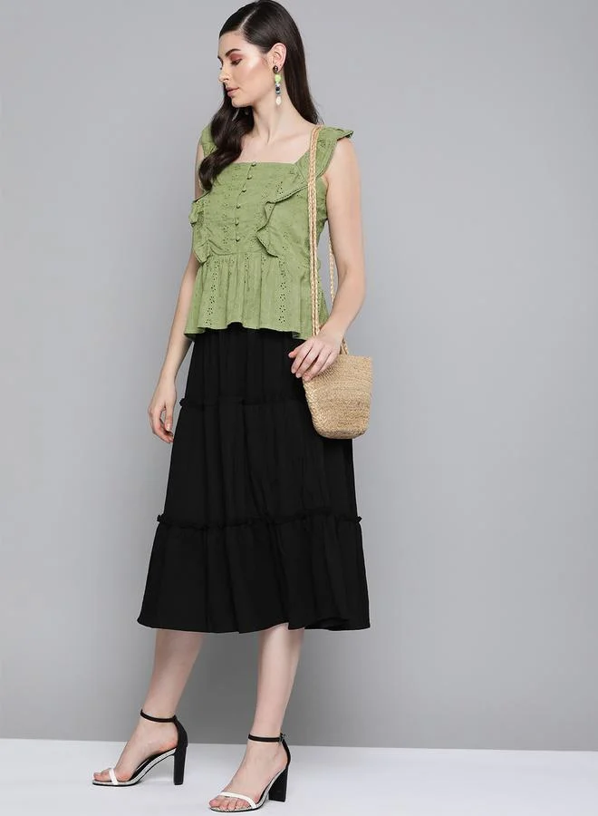 SASSAFRAS Schiffli Button Detail Ruffle Sleeves Peplum Top by Styli