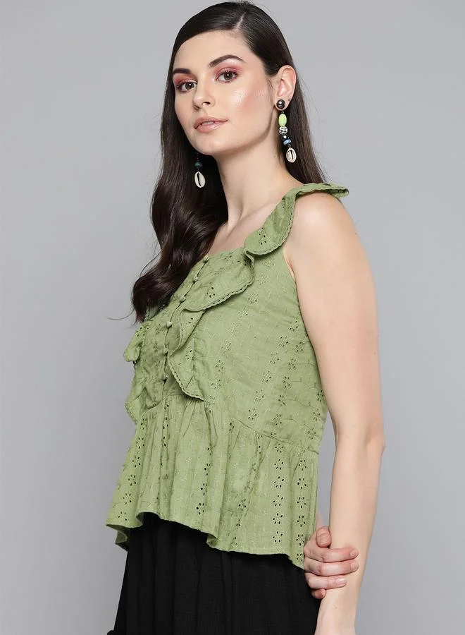 SASSAFRAS Schiffli Button Detail Ruffle Sleeves Peplum Top by Styli