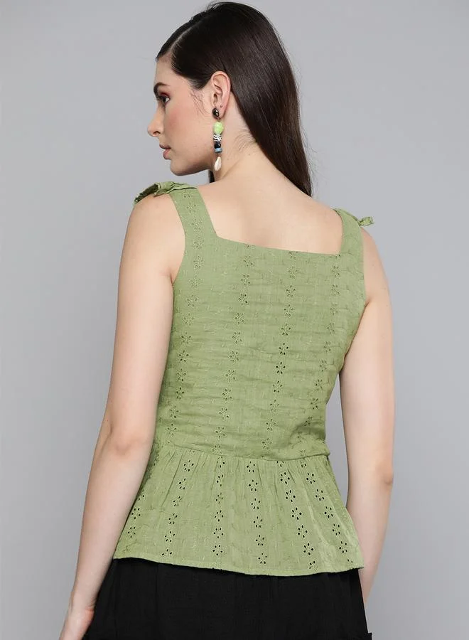 SASSAFRAS Schiffli Button Detail Ruffle Sleeves Peplum Top by Styli
