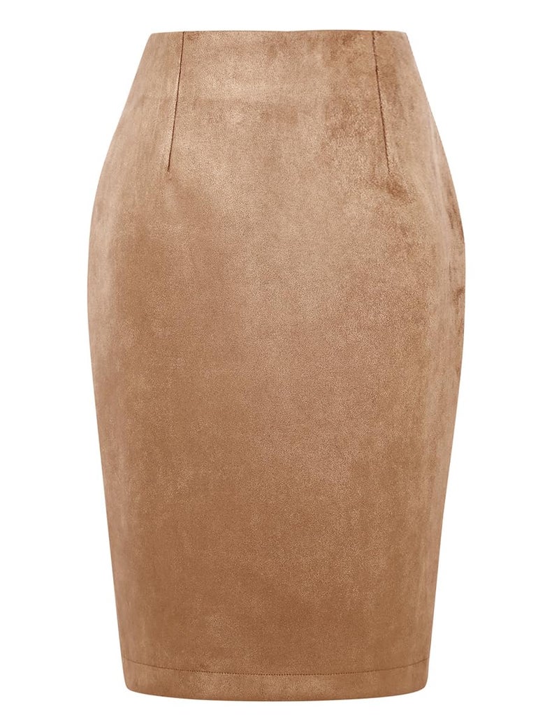 IDEALSANXUN Suede Skirt for Women 2026 Trendy Fall Winter High Waisted Bodycon Stretch Knee Length Pencil Midi Skirts with Slit, Suede Khaki, L - Image 1