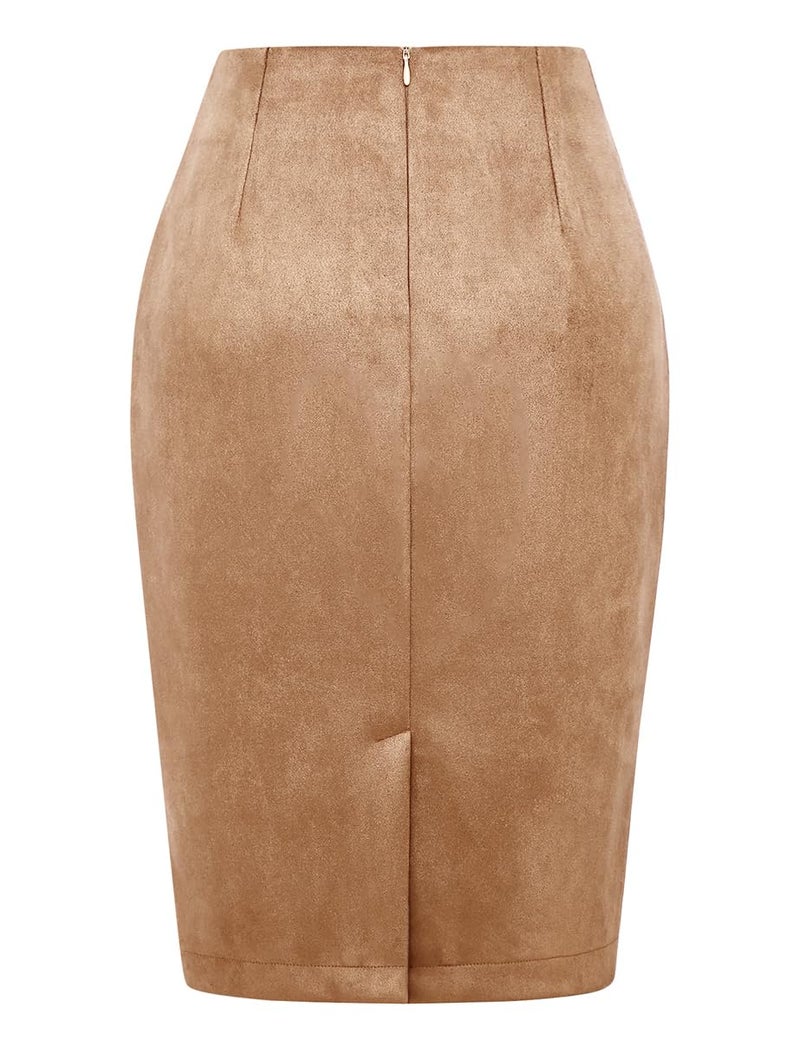 IDEALSANXUN Suede Skirt for Women 2026 Trendy Fall Winter High Waisted Bodycon Stretch Knee Length Pencil Midi Skirts with Slit, Suede Khaki, L - Image 3