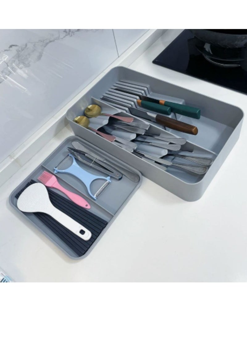 POWER Silverware Drawer Organizer, Expandable Utensil Tray for Kitchen, Adjustable Flatware and Cutlery Holder, Compact Plastic Storage for Spoons Forks Knives, Large, Safe Grade Finis - Image 1