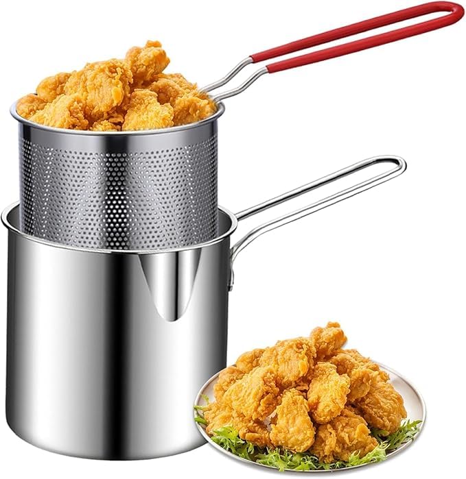 DOZERA Deep Oil Frying Pot with Strainer Basket Stainless Steel Pan with Handle Household Cooking Tools for Frying French Fries Shrimp Pasta 1200ml - Image 1