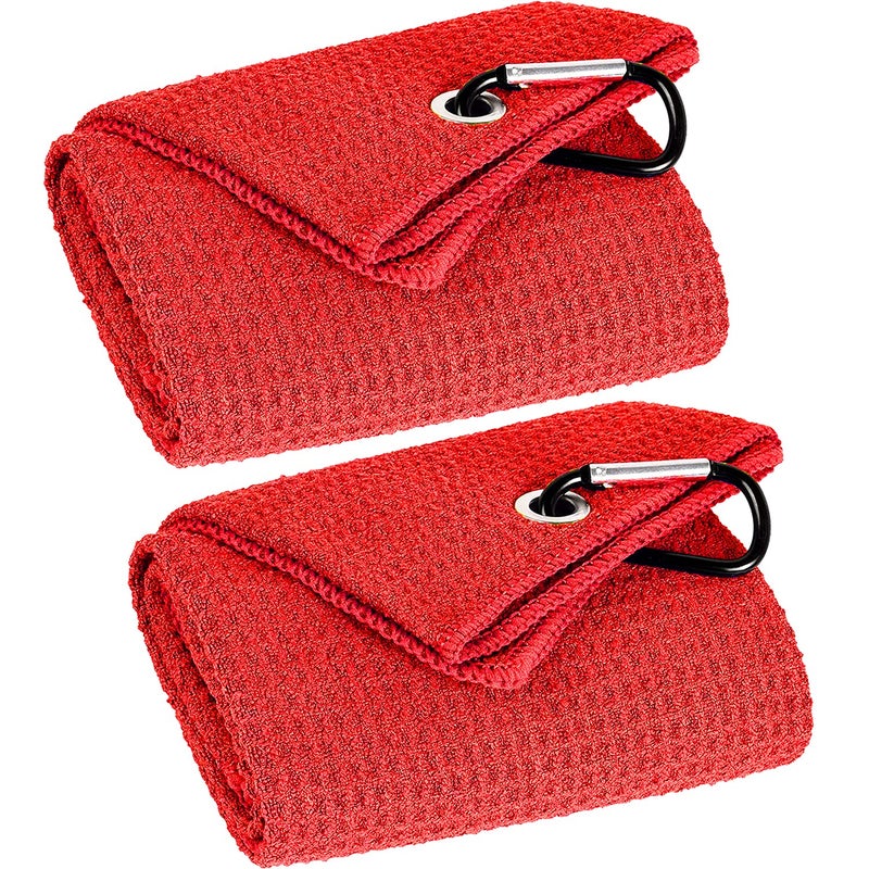VIVIDLY VIVIDLY 2 Pack Trifold Golf Towels Premium Microfiber Fabric Waffle Pattern with Black Heavy Duty Carabiner Clip Red Golf Towels for Golf Bags for Men Red