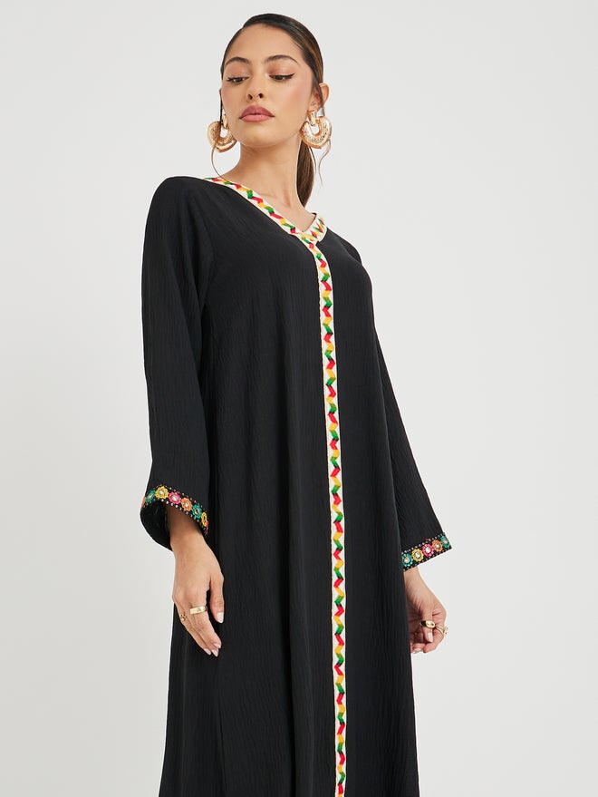 Styli Amirah Mirror Work Lace Trim V Neck Jalabiya  - Image 3