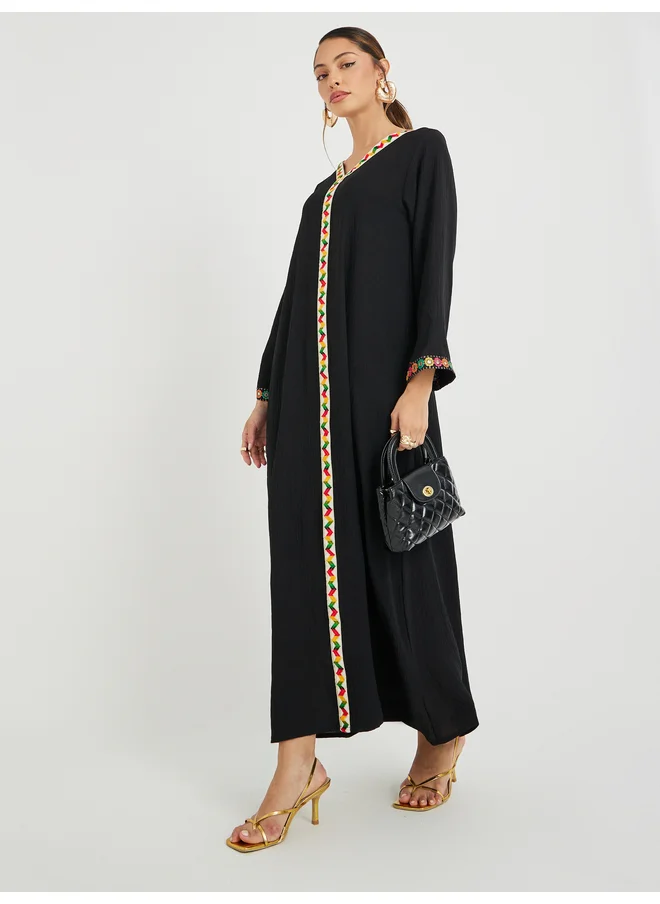 أميرة Amirah Mirror Work Lace Trim V Neck Jalabiya