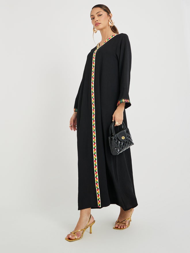 Styli Amirah Mirror Work Lace Trim V Neck Jalabiya  - Image 2