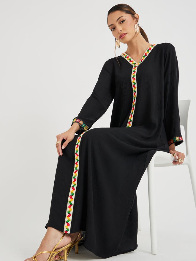 Styli Amirah Mirror Work Lace Trim V Neck Jalabiya  - Image 1