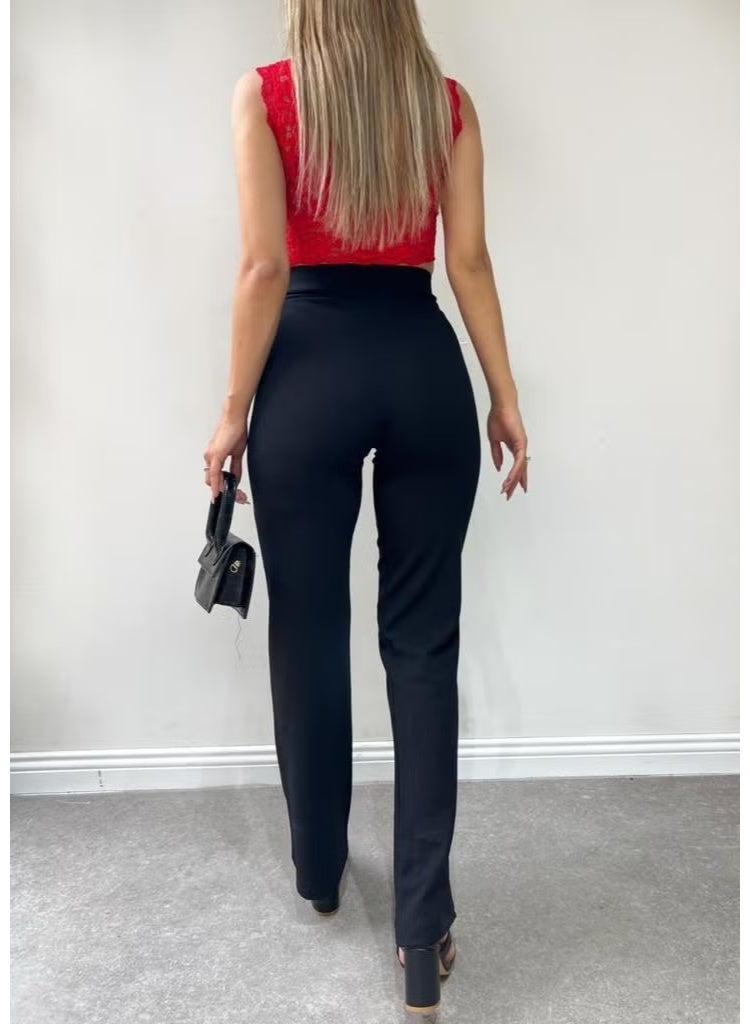 Winmoda34 High Waist Ribbed Stitched Gathering Palazzo Women's Trousers Hand-Ribbed Stitched-Pants - Image 5