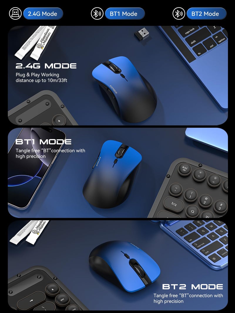 RAPIQUE Bluetooth Wireless Mouse - Dual Bluetooth & 2.4 GHz USB Receiver, Comfortable Grip, Quiet Clicks, Low Power - Multi-Device Compatibility for Laptop, MacBook, Computer, ipad(Gradient Blue) - Image 4