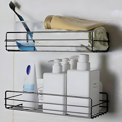 Homeor Multipurpose Self Adhesive Shelf for Bathroom/Kitchen Wall Mounted Rack Shelf with Magic Sticker Bathroom Organizer Without Drill, Pack of 2, Black Powder Coated - Image 2