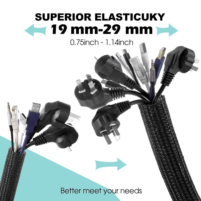 AGPTEK Cable Sleeve, 2 Pack 5ft - 1.2 Inch Cable Management, Desk Cord Cover Organizer Wire Hider for Home Office Computer TV Wire Loom Tubing, Pet Proof Cord Protector from Cat Dog Chewing, Black - Image 3