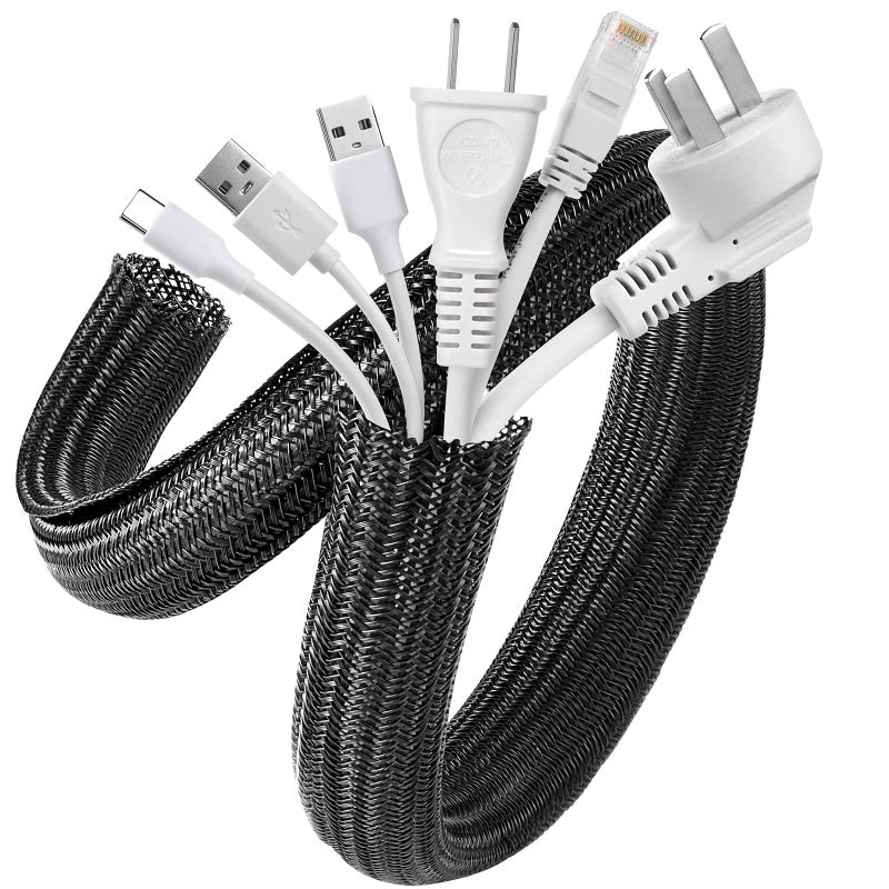 AGPTEK Cable Sleeve, 2 Pack 5ft - 1.2 Inch Cable Management, Desk Cord Cover Organizer Wire Hider for Home Office Computer TV Wire Loom Tubing, Pet Proof Cord Protector from Cat Dog Chewing, Black - Image 1