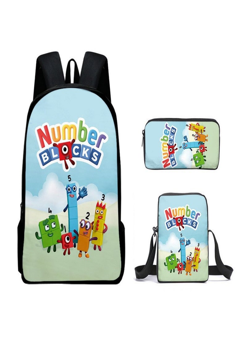 NumberBlocks Children Backpack Schoolbag Teen Student School Book bag with Lunch Box Pen Case 3 in 1 for Kids
