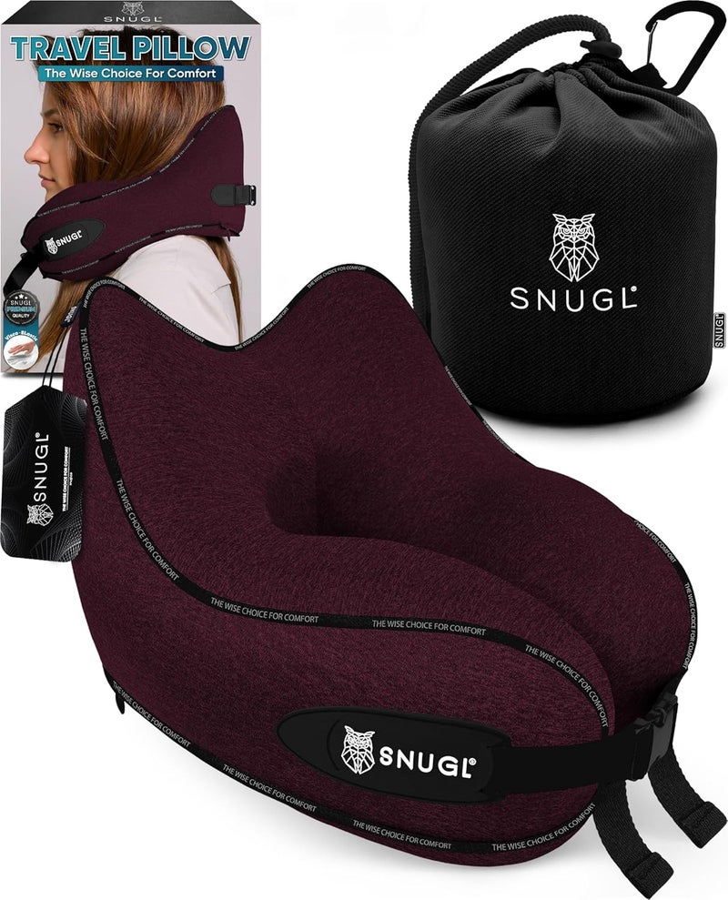 SNUGL وسادة السفر SNUGL – وسادة رقبة من الإسفنج الذكي للسفر – وسادة دعم للطائرة مع حقيبة حمل ومشبك – أساسيات العطلات (أحمر داكن - بالغ صغير) - Image 1