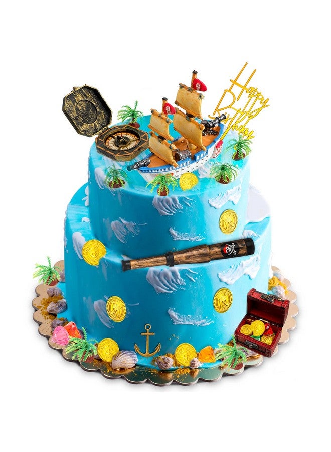 Charniol 32 Pcs Pirate Ship Cake Topper Nautical Sailboat Model Decoration Set Gold Coins And Pirate Gems Kids Telescope Pirate Treasure Chest Compass Mini Palm Tree For Kids Pirate Birthday Party Supplies - Image 1