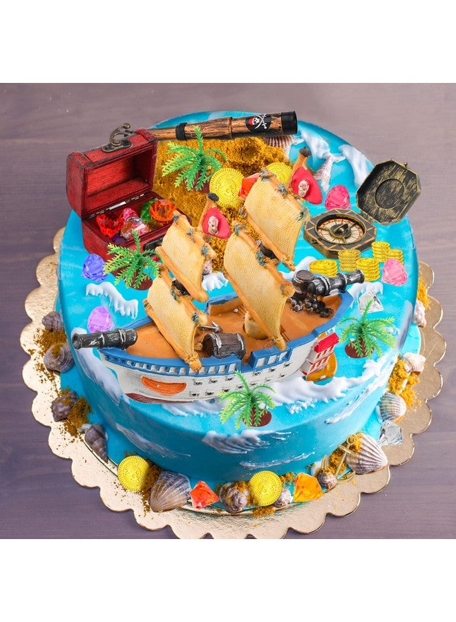 Charniol 32 Pcs Pirate Ship Cake Topper Nautical Sailboat Model Decoration Set Gold Coins And Pirate Gems Kids Telescope Pirate Treasure Chest Compass Mini Palm Tree For Kids Pirate Birthday Party Supplies - Image 3